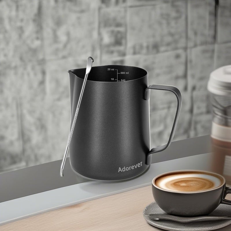 Adorever Milk Frothing Pitcher 600ml/20oz Steaming Pitchers Stainless Steel Milk Coffee Cappuccino Latte Art Barista Steam Pitchers Milk Jug Cup with Decorating Art Pen, Matte Black - Image 5